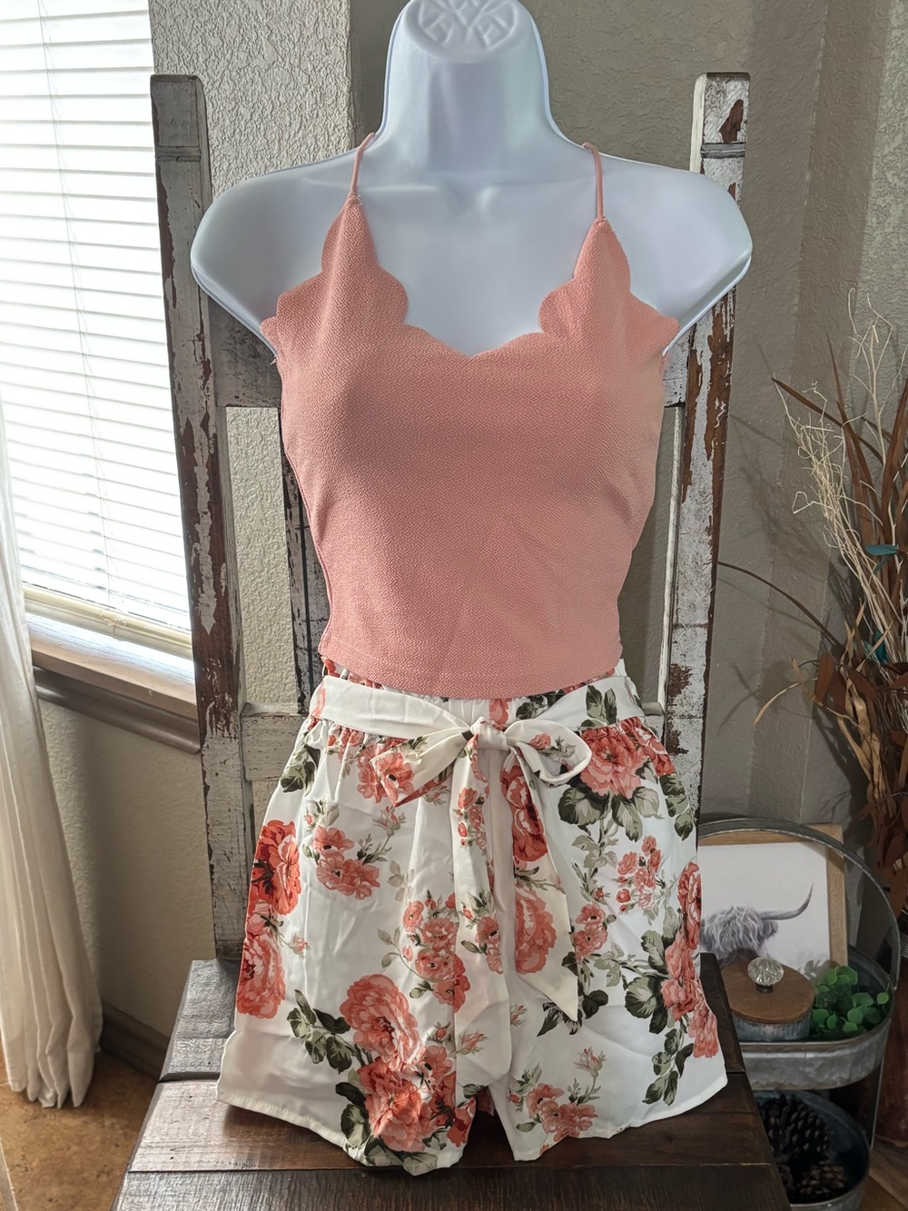 Floral Tie-Waist Shorts in Cream & Coral Rose 🌹 pink matching blush pink top set